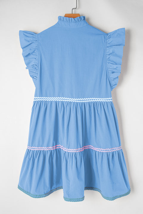 "Strawberry Pink, Mint, or Blue Ric Rac Colorblock Flutter Sleeve V-Neck Tiered Dress - Effortless Elegance in Every Hue"