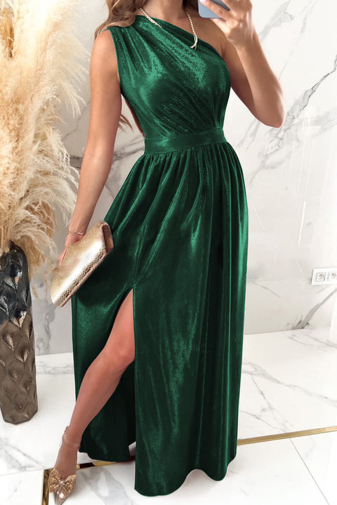 Elegant Shiny Velvet One Shoulder Long Split Dress: Make a Statement at the Party!