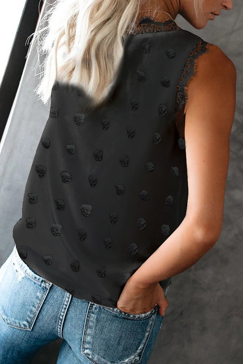 Brown Swiss Dot Lace Stitching V Neck Tank Top