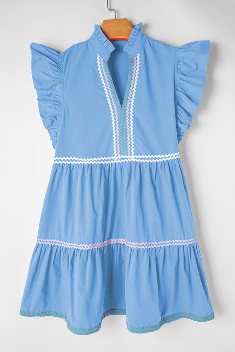 "Strawberry Pink, Mint, or Blue Ric Rac Colorblock Flutter Sleeve V-Neck Tiered Dress - Effortless Elegance in Every Hue"