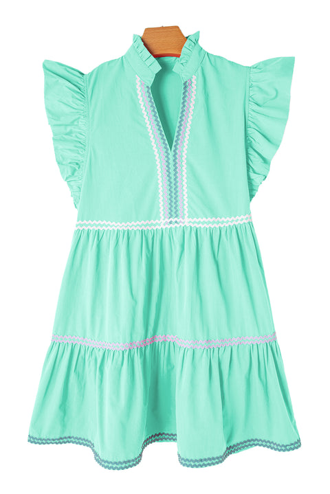 "Strawberry Pink, Mint, or Blue Ric Rac Colorblock Flutter Sleeve V-Neck Tiered Dress - Effortless Elegance in Every Hue"