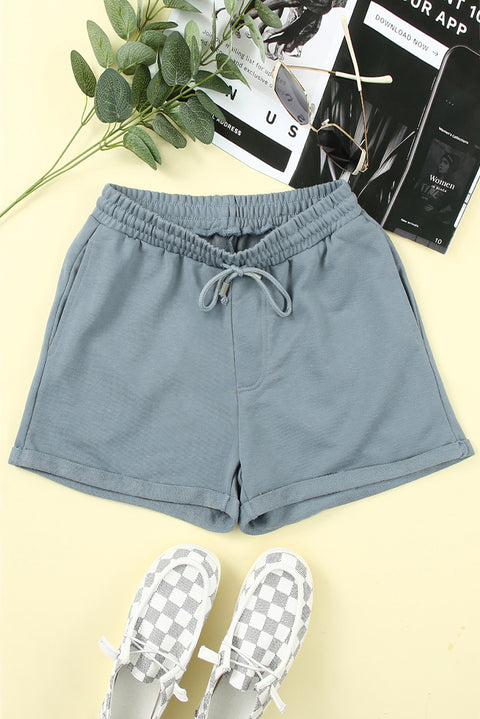 Blue Tie Waist Side Pockets Cuffed Lounge Shorts