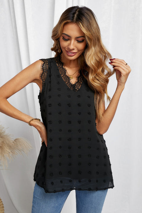 Brown Swiss Dot Lace Stitching V Neck Tank Top