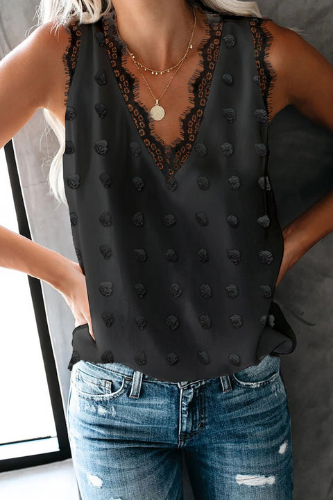 Brown Swiss Dot Lace Stitching V Neck Tank Top