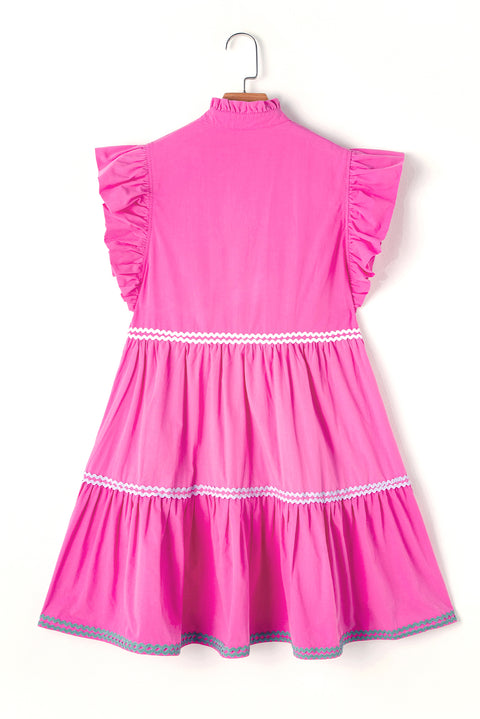 "Strawberry Pink, Mint, or Blue Ric Rac Colorblock Flutter Sleeve V-Neck Tiered Dress - Effortless Elegance in Every Hue"