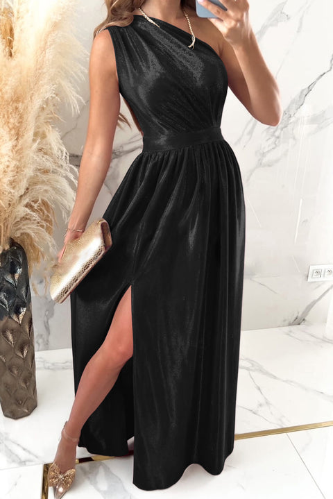 Elegant Shiny Velvet One Shoulder Long Split Dress: Make a Statement at the Party!
