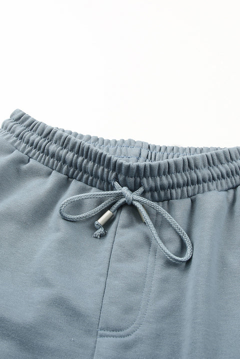 Blue Tie Waist Side Pockets Cuffed Lounge Shorts