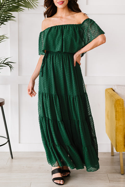 "Enchanting Grace: Swiss Dot Maxi Dress with Off-Shoulder Silhouette"