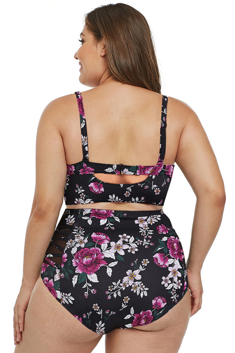 Flattering Confidence: The Purple Stylish Print Strappy Push Up Balconette Plus Size Bikini