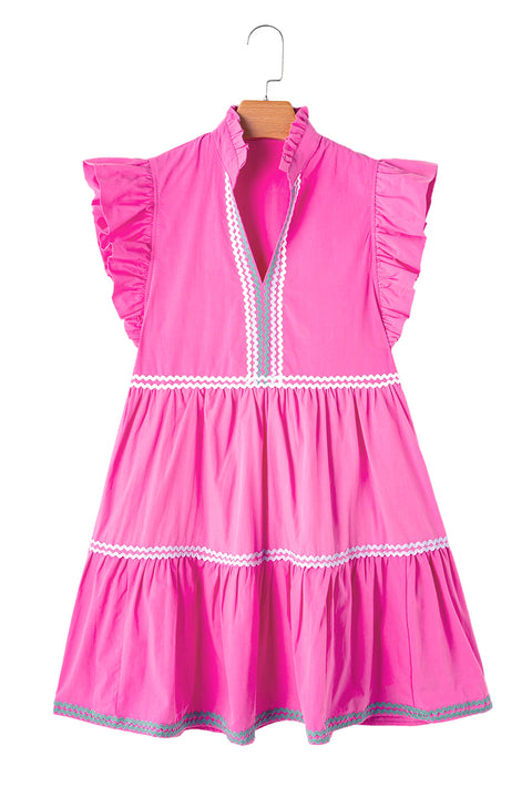 "Strawberry Pink, Mint, or Blue Ric Rac Colorblock Flutter Sleeve V-Neck Tiered Dress - Effortless Elegance in Every Hue"