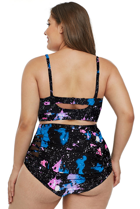 Flattering Confidence: The Purple Stylish Print Strappy Push Up Balconette Plus Size Bikini