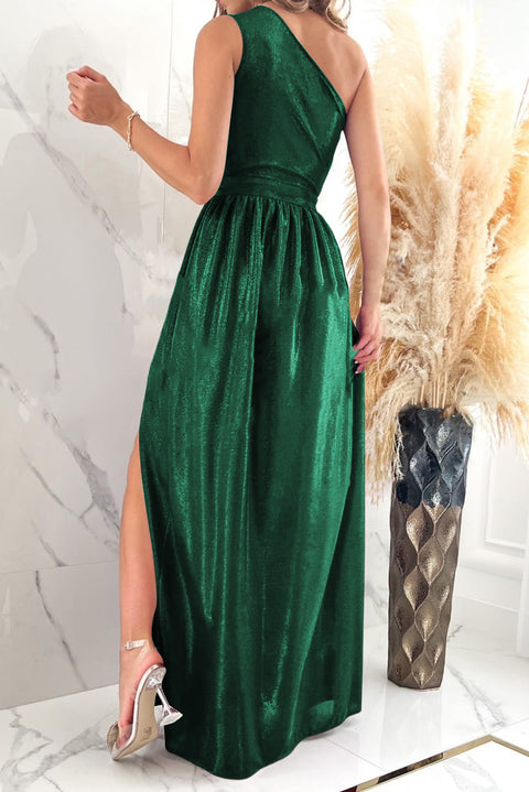 Elegant Shiny Velvet One Shoulder Long Split Dress: Make a Statement at the Party!