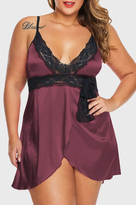 Purple Lace V Neckline Plus Size Babydoll