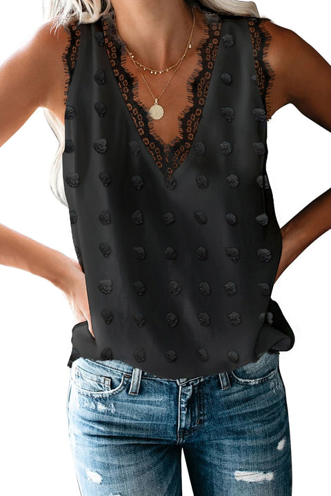 Brown Swiss Dot Lace Stitching V Neck Tank Top