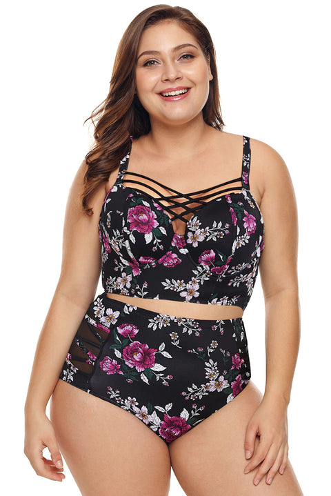 Flattering Confidence: The Purple Stylish Print Strappy Push Up Balconette Plus Size Bikini