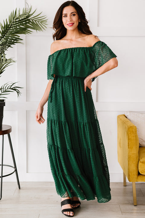 "Enchanting Grace: Swiss Dot Maxi Dress with Off-Shoulder Silhouette"