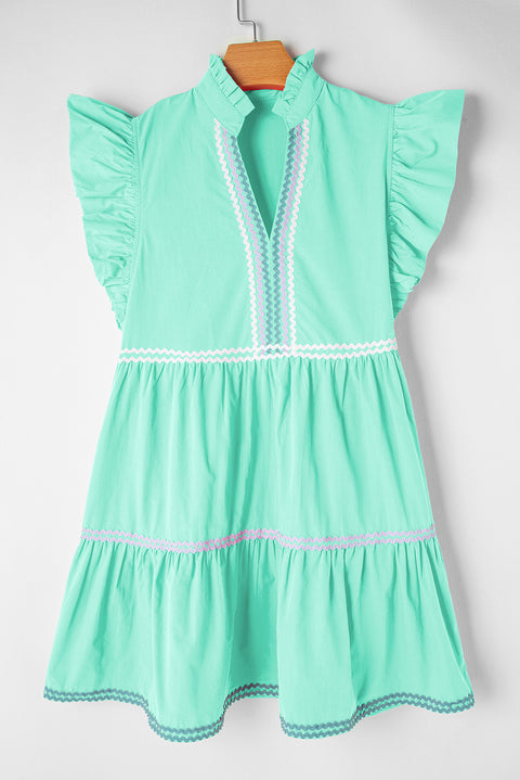"Strawberry Pink, Mint, or Blue Ric Rac Colorblock Flutter Sleeve V-Neck Tiered Dress - Effortless Elegance in Every Hue"