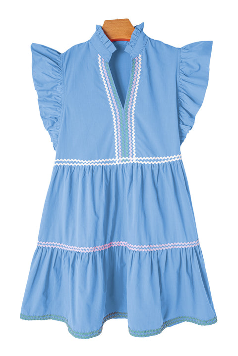 "Strawberry Pink, Mint, or Blue Ric Rac Colorblock Flutter Sleeve V-Neck Tiered Dress - Effortless Elegance in Every Hue"