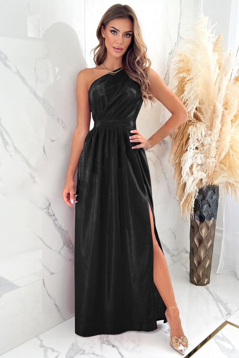 Elegant Shiny Velvet One Shoulder Long Split Dress: Make a Statement at the Party!