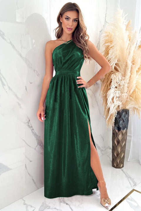 Elegant Shiny Velvet One Shoulder Long Split Dress: Make a Statement at the Party!