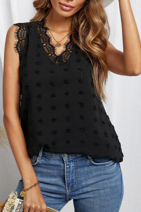 Brown Swiss Dot Lace Stitching V Neck Tank Top