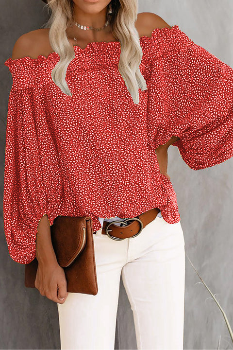 Off Shoulder Floral Print Lantern Sleeve Top