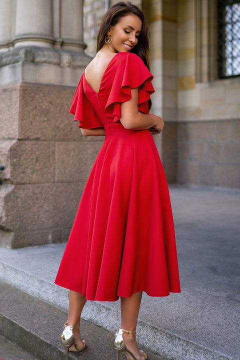 V Neck Ruffled Sleeves Flare Long Dress
