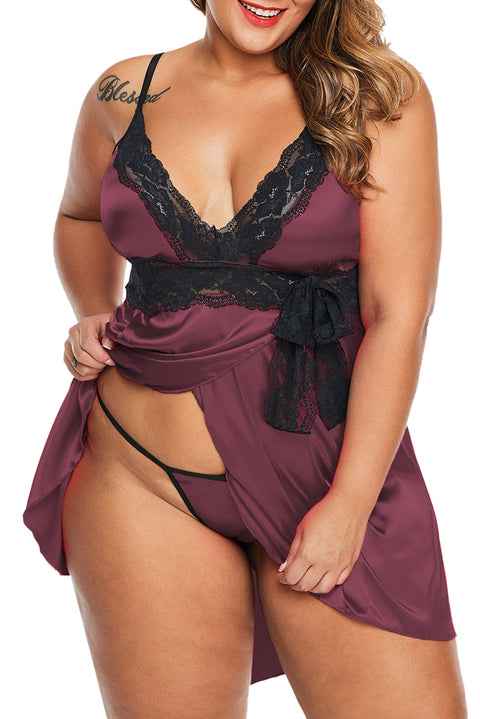 Purple Lace V Neckline Plus Size Babydoll