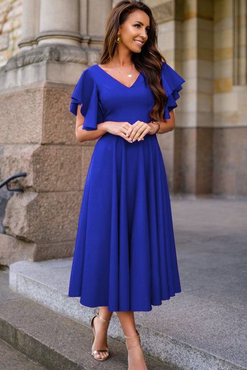 V Neck Ruffled Sleeves Flare Long Dress