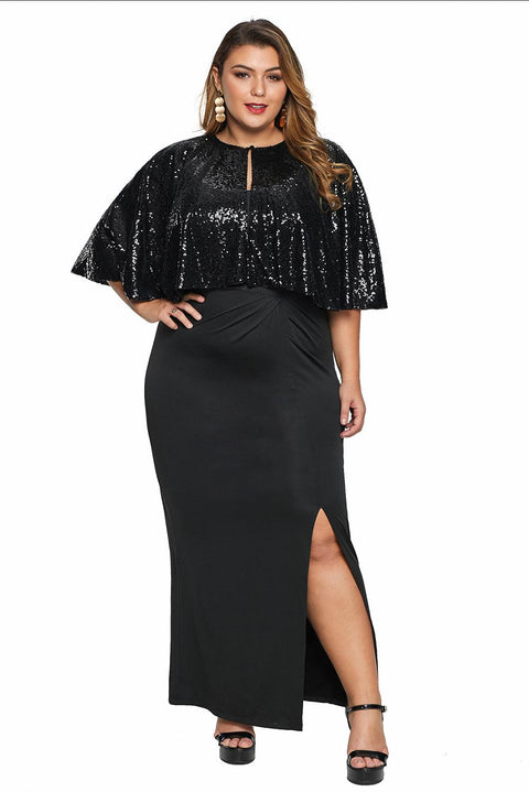 Sequin Cape Plus Size Maxi Dress