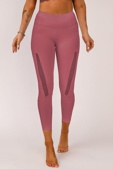 Mesh Side Splicing High Waist Yoga Sports Leggings with Phone Pocket