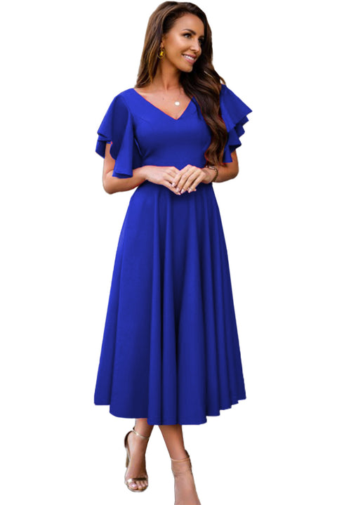 V Neck Ruffled Sleeves Flare Long Dress