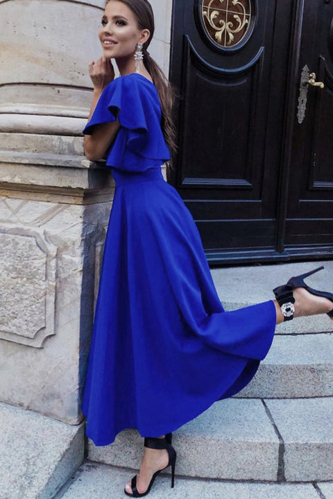 V Neck Ruffled Sleeves Flare Long Dress