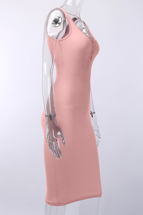 Sleeveless Buttons Ribbed Knit Bodycon Midi Dress