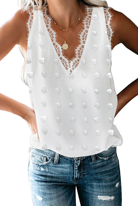 Brown Swiss Dot Lace Stitching V Neck Tank Top