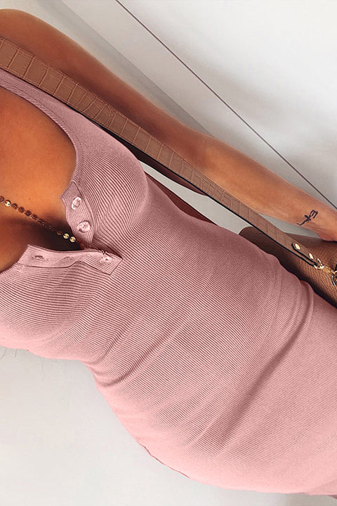 Sleeveless Buttons Ribbed Knit Bodycon Midi Dress