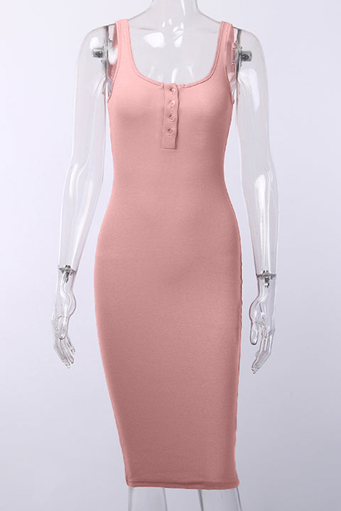 Sleeveless Buttons Ribbed Knit Bodycon Midi Dress