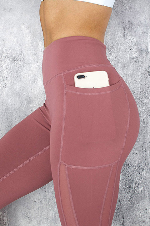Mesh Side Splicing High Waist Yoga Sports Leggings with Phone Pocket