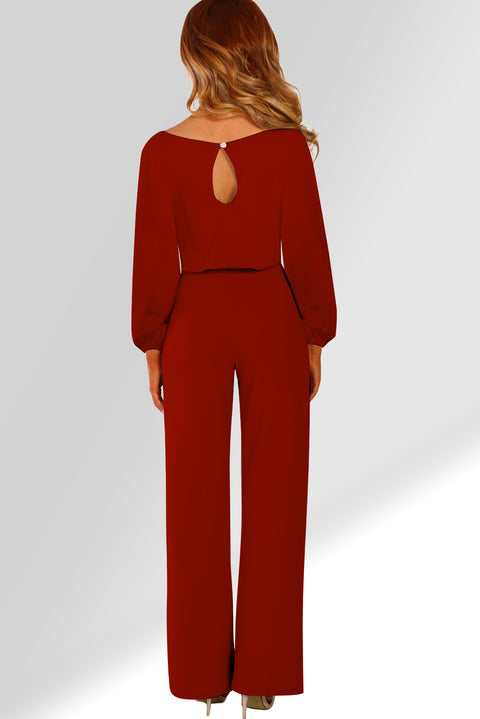 Boat Neck Bubble Sleeve Straight Legs Jumpsuit with Belt Tie