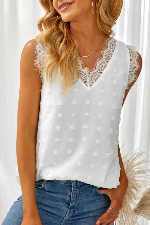 Brown Swiss Dot Lace Stitching V Neck Tank Top