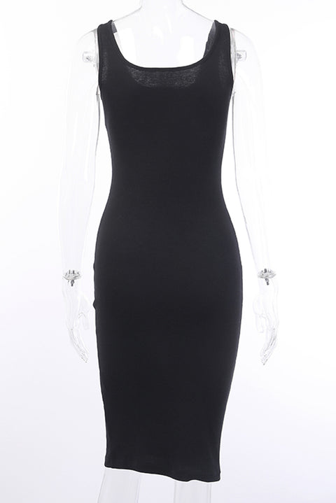 Sleeveless Buttons Ribbed Knit Bodycon Midi Dress