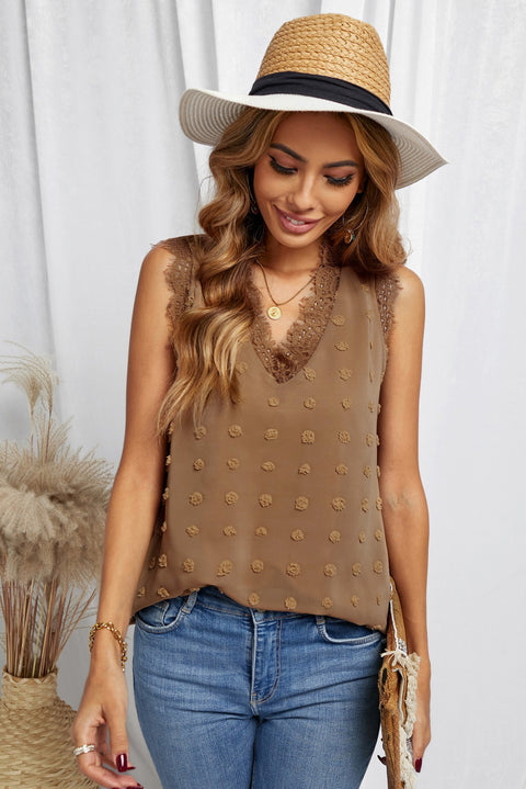 Brown Swiss Dot Lace Stitching V Neck Tank Top