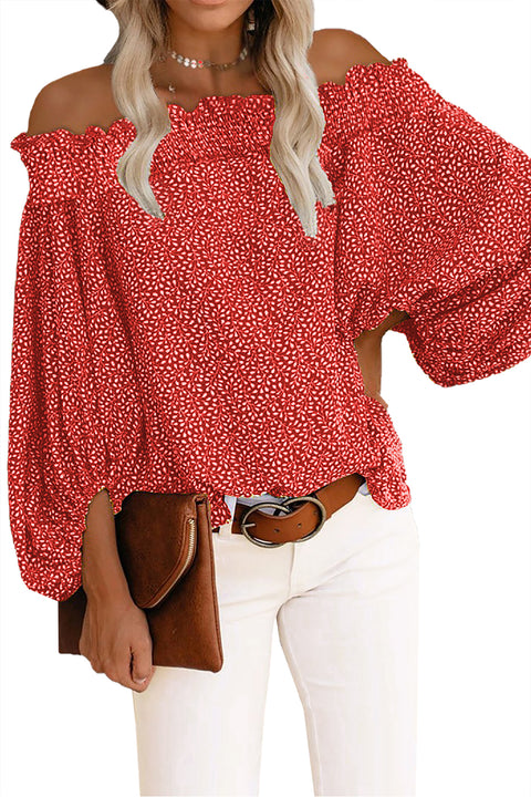 Off Shoulder Floral Print Lantern Sleeve Top