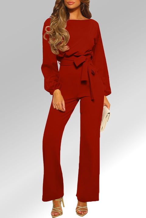 Boat Neck Bubble Sleeve Straight Legs Jumpsuit with Belt Tie