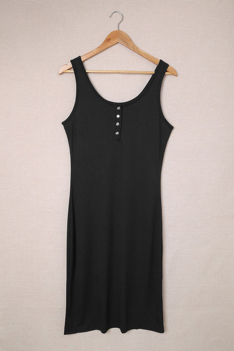 Sleeveless Buttons Ribbed Knit Bodycon Midi Dress