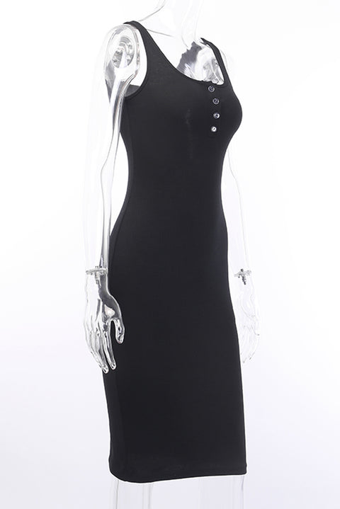 Sleeveless Buttons Ribbed Knit Bodycon Midi Dress
