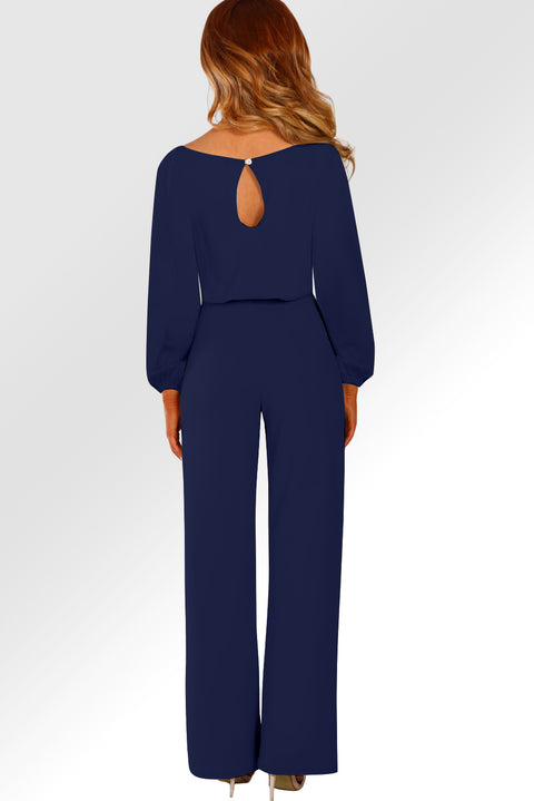 Boat Neck Bubble Sleeve Straight Legs Jumpsuit with Belt Tie