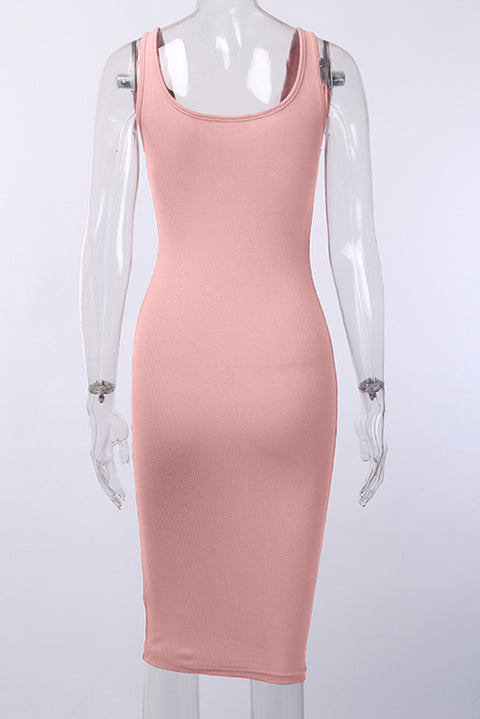 Sleeveless Buttons Ribbed Knit Bodycon Midi Dress