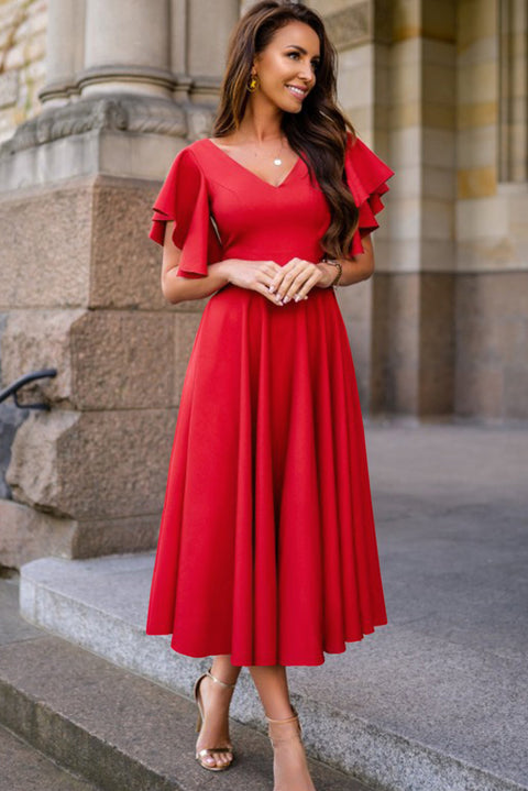 V Neck Ruffled Sleeves Flare Long Dress