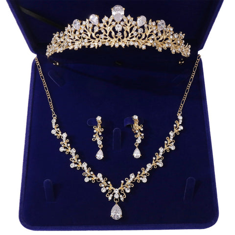 Luxury Crystal Leaf Bridal Jewelry Sets Crown Tiaras Necklace Earrings Set for Bride African Beads Jewelry Sets